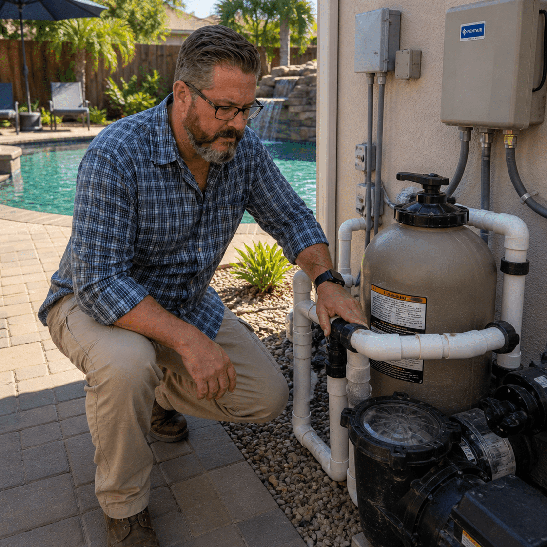 Home inspector inspecting the equipment for a pool and/or spa in the Veramendi Neighborhoord in New Braunfels TX