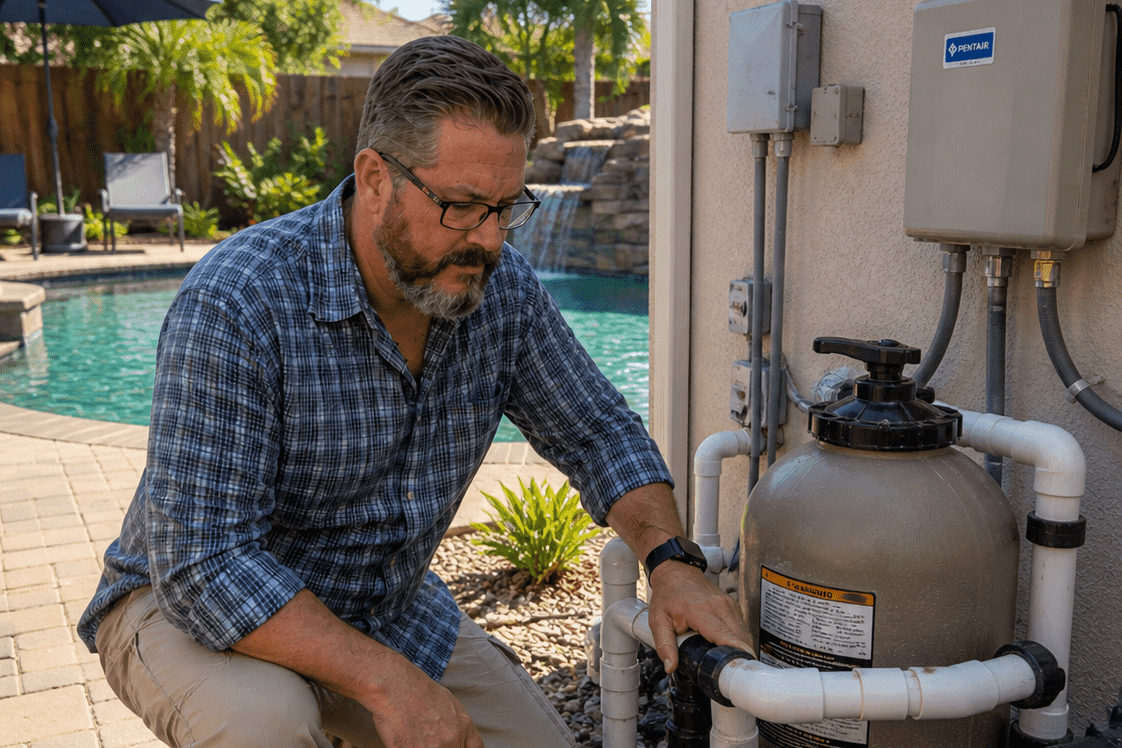 Home inspector checking pool equipment system beside house with backyard swimming pool in Texas
