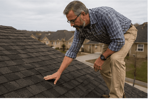 Home inspector on a roof surface for a buyer inspection