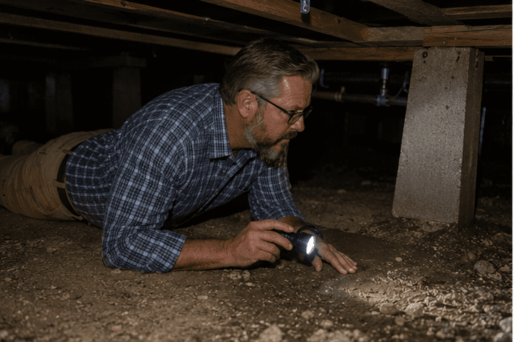 Home inspector in crawlspace inspecting foundation as part of a buyer inspection
