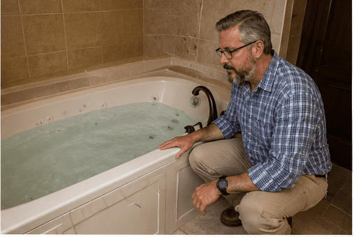 Home inspector inspeciting the bath tub as part of a buyers home inspection